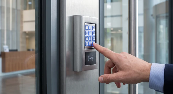 Photographie rapprochée d'une main appuyant sur un clavier numérique mural en aluminium brossé, rétroéclairé en bleu, intégrant un lecteur de badge RFID. Boîtier montré dans son contexte d'utilisation réelle, avec porte blindée visible en arrière-plan légèrement flou. Éclairage professionnel, focus net sur le clavier et la main en action, ambiance intérieure professionnelle.