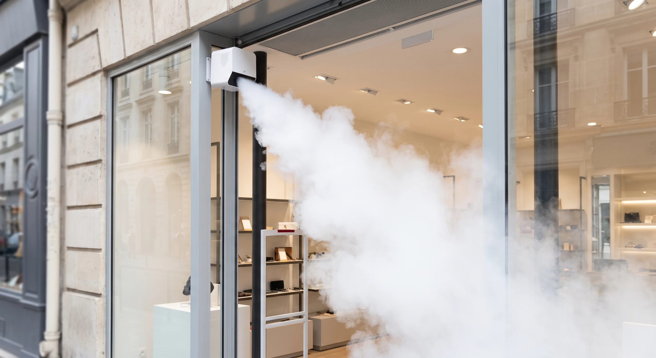 Photographie professionnelle montrant un générateur de brouillard blanc de type compact, installé discrètement dans l'angle haut d'une vitrine ou d'une entrée de magasin. Le dispositif est fixé au mur ou au plafond. Un brouillard blanc épais et réaliste est visible en cours de diffusion, créant une opacité complète dans la zone protégée. L'image capture l'efficacité et la rapidité du système de dissuasion active contre l'intrusion. Éclairage réaliste d'un environnement commercial professionnel. Pas de texte, logo ou filigrane visible.