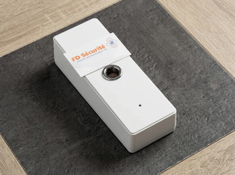 Caméra de surveillance compacte blanche, format rectangulaire allongé, objectif grand angle chromé centré sur la face avant