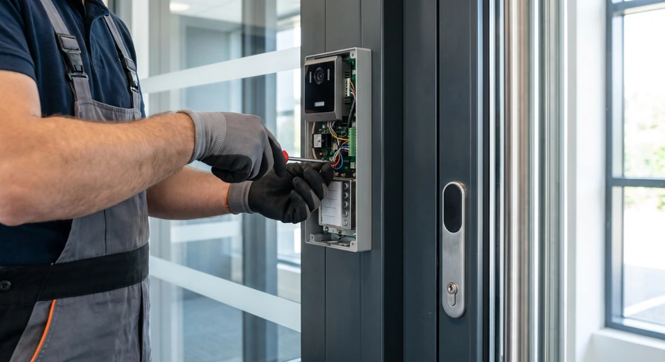 Technicien en combinaison bleue avec gants de protection noirs effectuant une intervention de maintenance sur équipement électrique industriel
