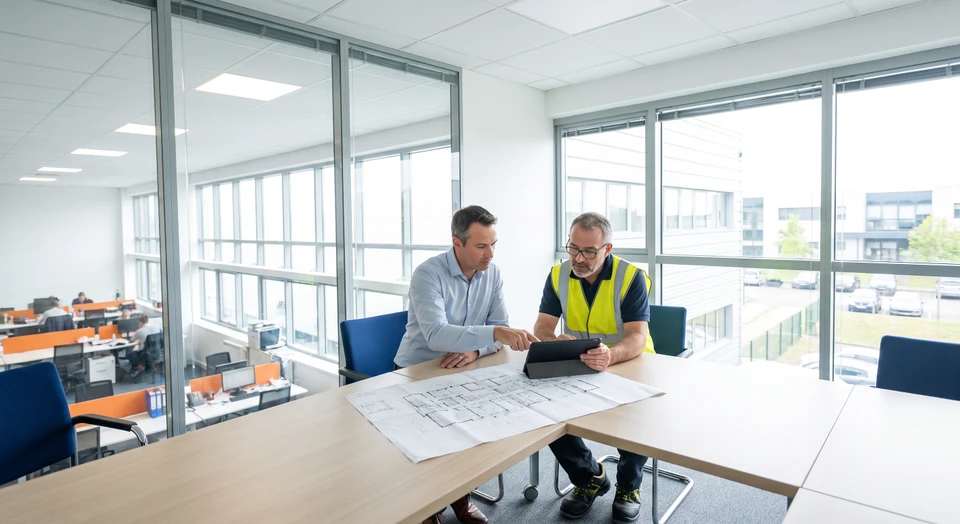Technicien expérimenté en gilet FD Sécurité analysant un bâtiment commercial. Il consulte des plans architecturaux ou un rapport de diagnostic sur une tablette, discutant avec un responsable d'établissement dans un local commercial ou bureaux. L'image capture le moment d'évaluation des risques et de consultation personnalisée avant la proposition d'une installation sur-mesure. Arrière-plan montrant un espace commercial ou des bureaux réels. Photo professionnelle d'un niveau qualité haute, éclairage naturel, composition dynamique montrant l'interaction et la démarche consultative.