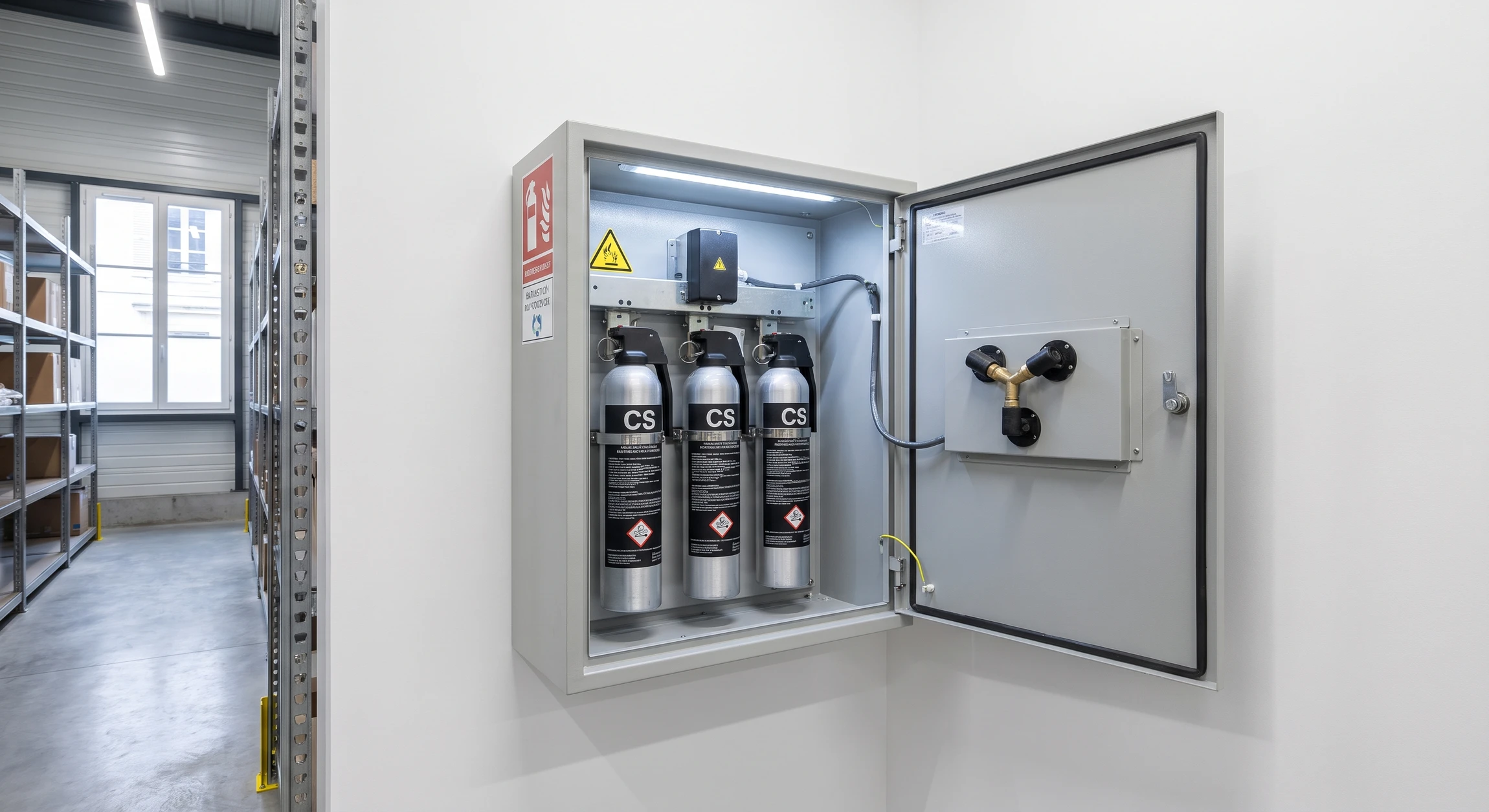 Coffret de sécurité anti-agression mural ouvert, équipé de trois aérosols lacrymogènes CS montés sur système de déclenchement automatique, vanne de diffusion triple visible sur la porte, boîtier métallique gris, éclairage interne, installation professionnelle en local commercial sécurisé