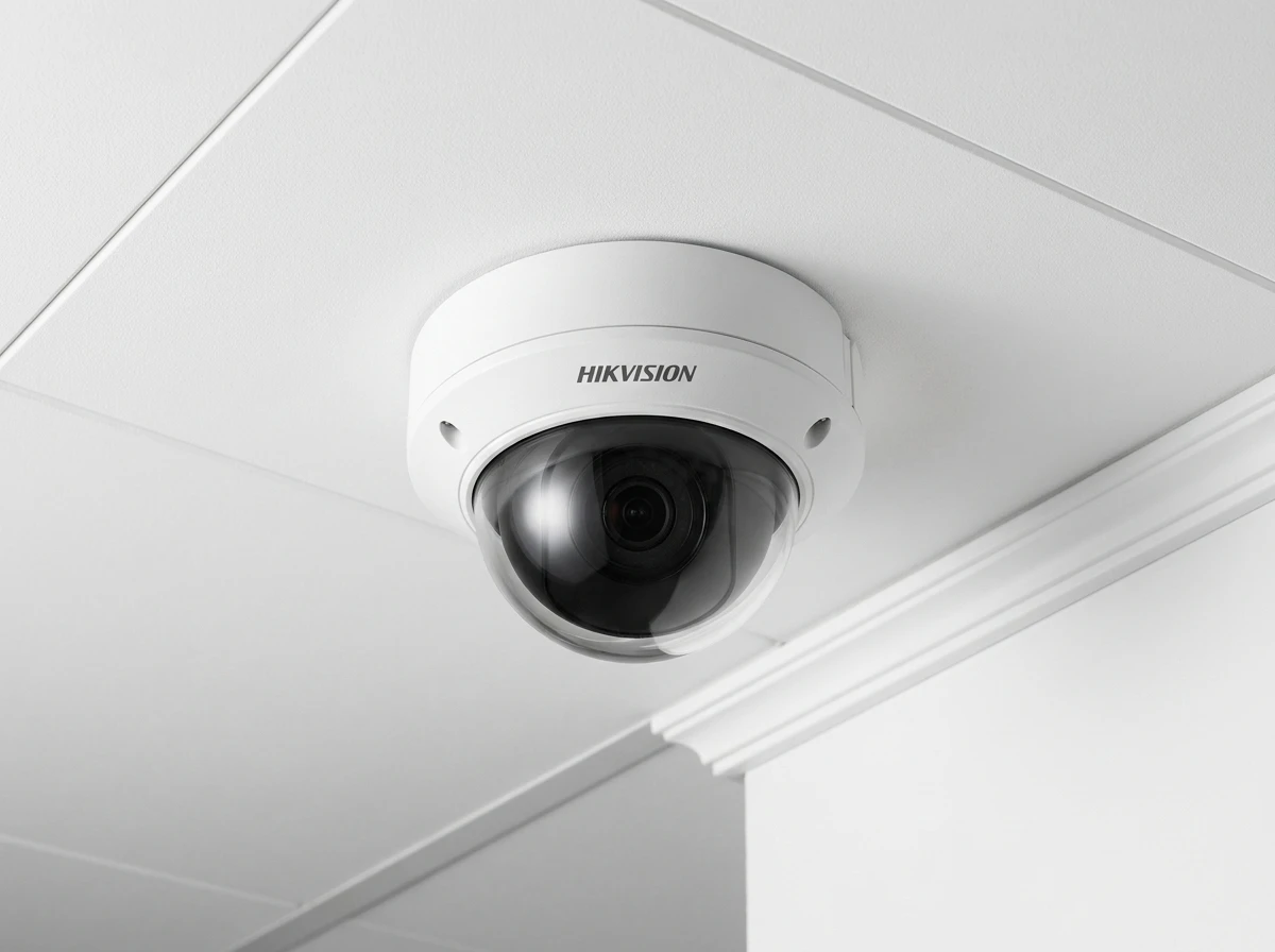 Caméra de surveillance extérieure blanche fixée sur poteau, environnement naturel verdoyant en arrière-plan flou