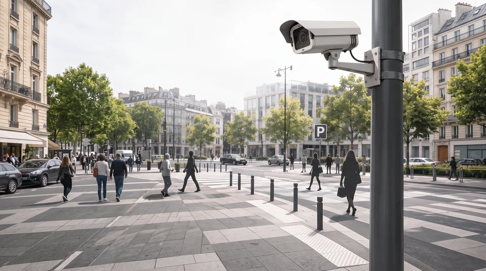 Caméra de surveillance dôme IP blanche de qualité professionnelle, montée au plafond d'un local commercial ou d'un centre logistique moderne. Le boîtier dôme compact est équipé d'une optique grand-angle pour une couverture maximale. Le contexte montre une infrastructure intérieure professionnelle : plafond suspendu, éclairage LED industriel, murs neutrals. La caméra capture une scène quotidienne d'activité professionnelle (stockage, comptoir, ou zone d'accès), mettant l'accent sur la durabilité et l'adaptabilité du système aux besoins spécifiques d'un environnement commercial.