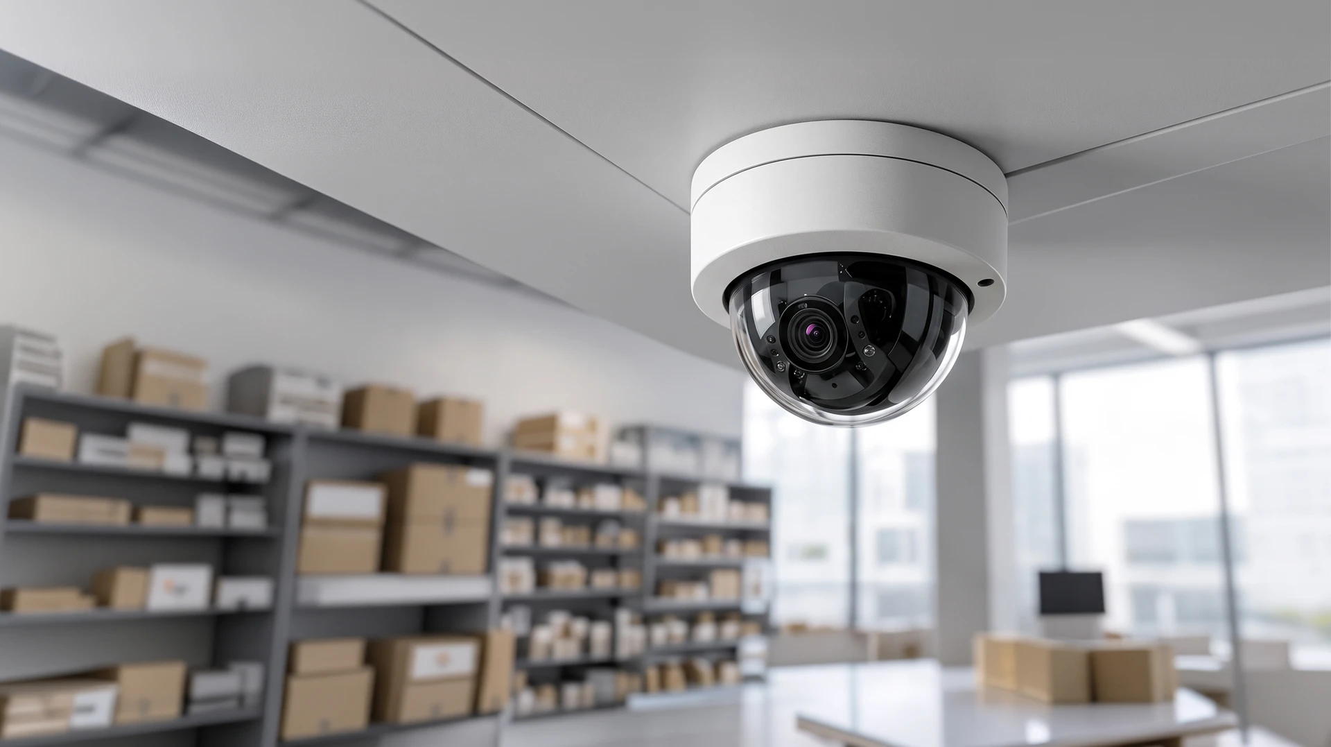 Intérieur moderne avec caméra de surveillance blanche fixée sur structure métallique près d'un mur en bois naturel